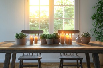 Rustic Farmhouse Dining Room Interior with Wooden Table Simple Centerpiece Warm Sunlight