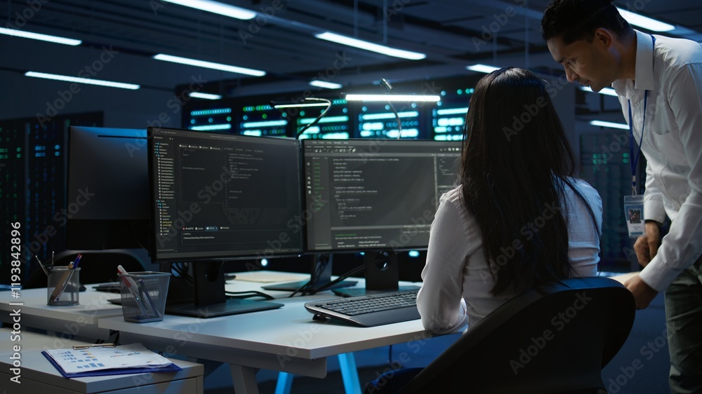 Poster team of programmers in data center responsible for installation and repair of networking equipment s