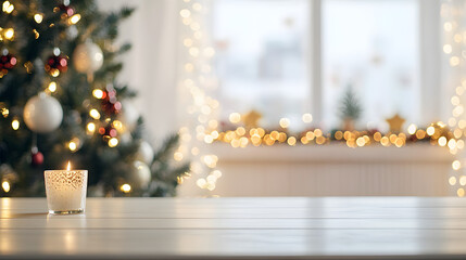 Empty table in front of christmas tree with decoration background
