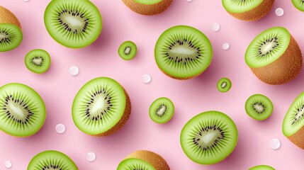 Fototapeta premium Cute kiwi fruits with vibrant green pulp and soft brown skin arranged in seamless patterns on a pastel pink background, playful and fresh look
