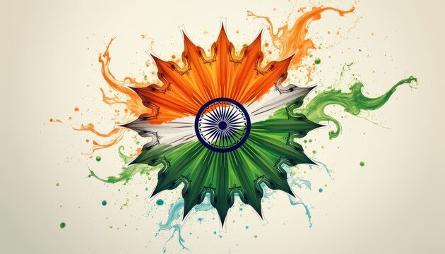 A Unique Flag Design: Fire, Water, Leaf on White Background in Oran Green, White, Blue, Red