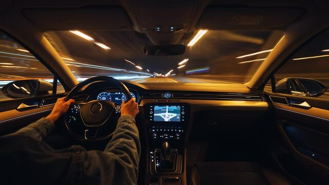 View through windshield time-lapse high speed drive in city street at night, fast motion hyperlapse modern car front view, highway traffic blurry light trails, rush hour road trip long exposure blur