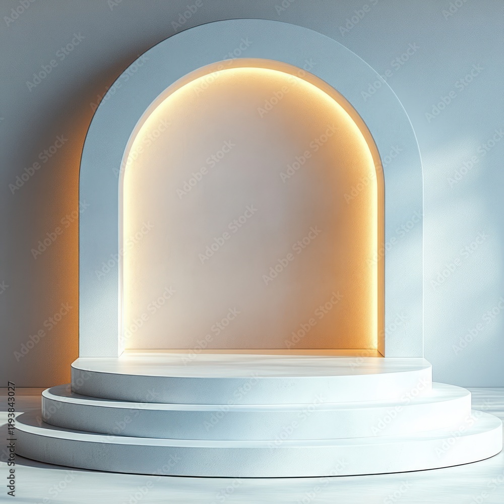 Poster modern minimalist arch podium for product presentation with soft lighting and depth in scandinavian 