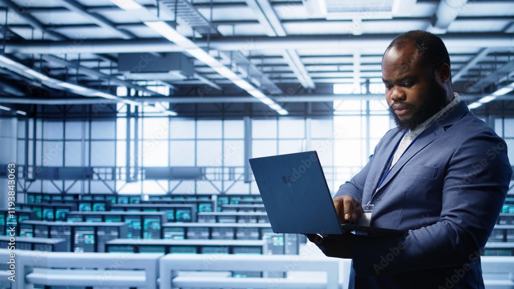 Poster african american it operator doing maintenance using laptop to prolong data center equipment life sp