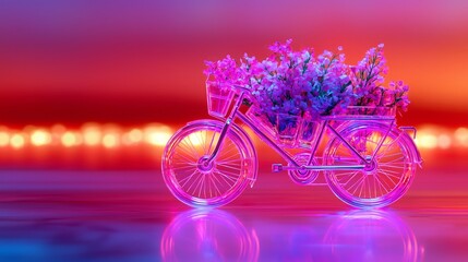 Fototapeta premium Whimsical scene of a small plastic bicycle overflowing with pastel-colored flowers, glowing against a textured pink and red gradient backdrop