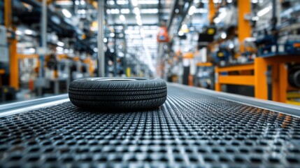 Tire on Conveyor Belt in Modern Factory Setting