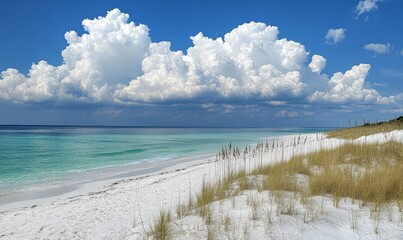 Fluffy clouds float above a white sand beach with turquoise water, white sand beach, soft cloud formations