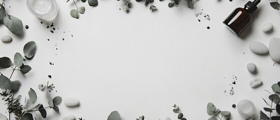 Fototapeta premium Flat lay top view of skincare products background frame. Glass dropper bottle, moisturizer jar, eucalyptus leaves, pebbles. Copy space. Generative AI 