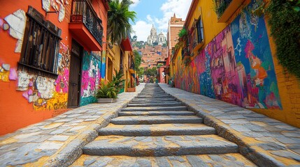 Fototapeta premium Colorful Street with Vibrant Graffiti Art and City View in Comuna 13, Medellin, Colombia