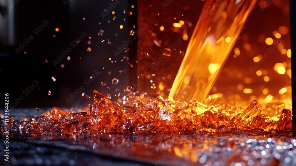 Poster an image of glass shards pouring into a melting furnace showcasing the hightemperature processing re