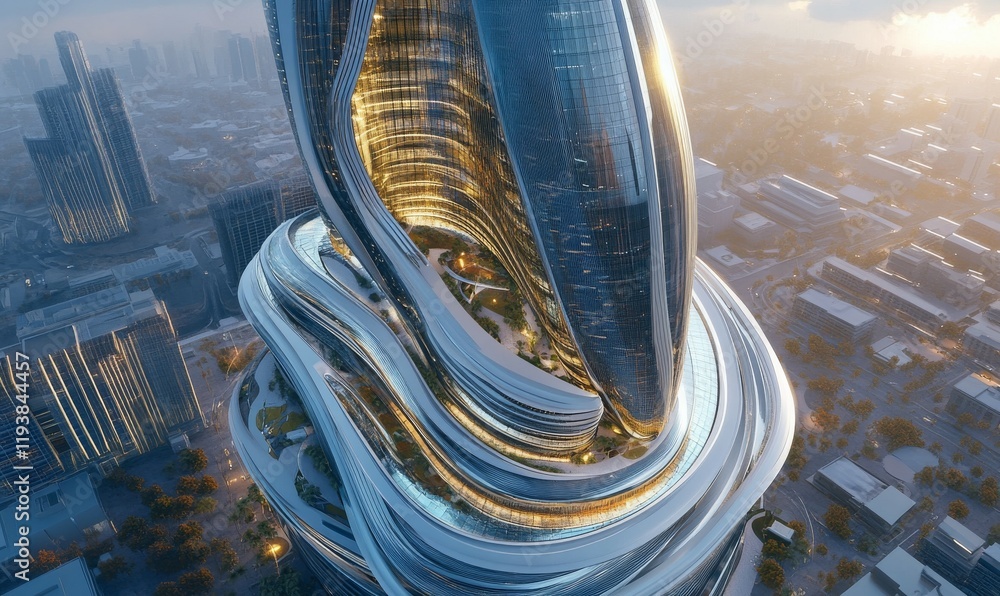 Aufkleber low angle view of futuristic architecture, skyscraper of office building with curve glass window,