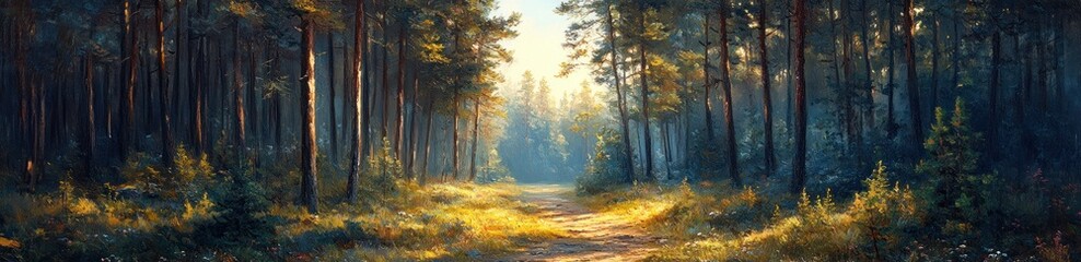 Pathway through Serene Pine Forest in Summer Green Landscape