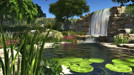 Serene Waterfall Garden Oasis Lush Greenery Tranquil Pool