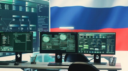 Governmental cyber operations room with Russian flag on big screen, focusing on information war and...