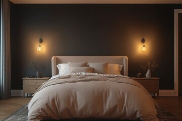 Cozy Minimalist Scandinavian Bedroom with Soft Bedding and Warm Lighting