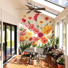 Sunlit conservatory with floral wall art and potted plants
