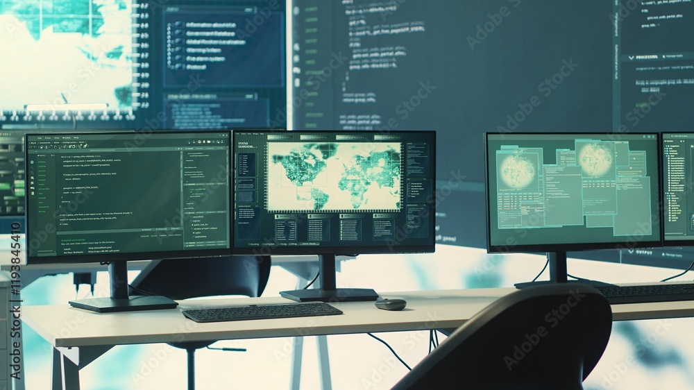 Poster empty cyber operations center for governmental hacking and threat detection. equipped with technolog
