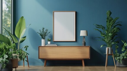 Fototapeta premium Modern Interior Design: Teal Walls, Wooden Cabinet, and Lush Greenery