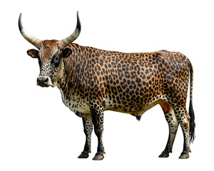 A full-body portrait of a Nguni bull, isolated on a white background. This breed of cattle is known for its unique spotted pattern, resembling a leopard's coat.