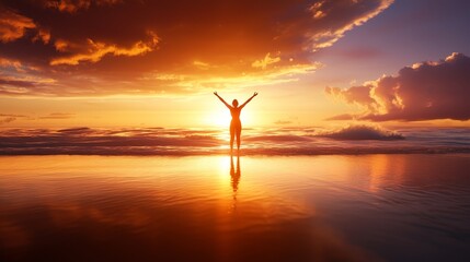 A serene beach scene, fishmonger woman raising arms in celebration, glowing sunset sky and gentle surf, vibrant and atmospheric digital art