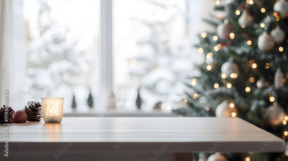 Poster empty table in front of christmas tree with decoration background