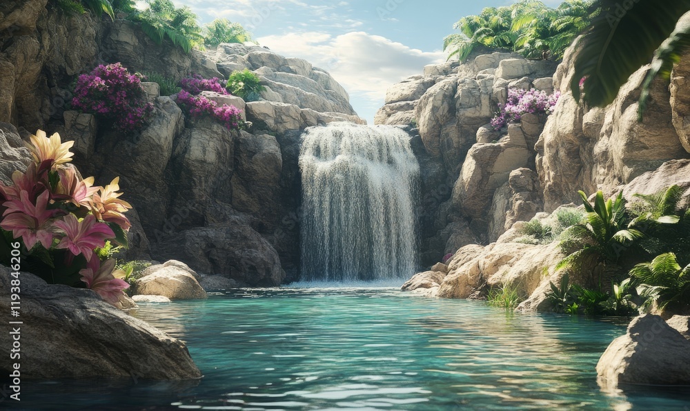 Poster waterfall cascading into a calm pool within a desert canyon