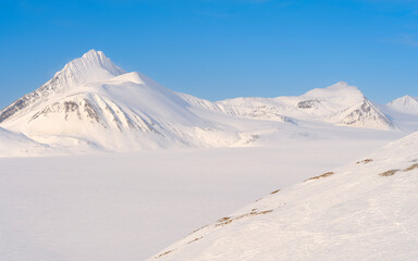 Glacier Fridtjovbreen. Landscape in Van Mijenfjorden National Park, (former Nordenskiold National Park), Island of Spitsbergen.