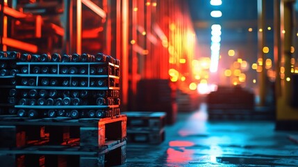Closeup of mechanical components stacked on pallets with the strong colors of a national flag in the backdrop illustrating the pivotal role of local resources in fostering security.