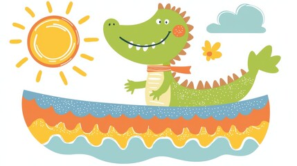 Happy alligator in a colorful boat sunny day illustration cheerful environment playful concept