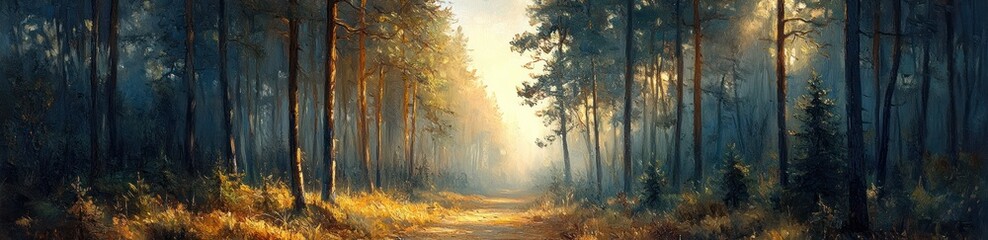 Serene Pine Forest Pathway in Golden Hour Sunlight
