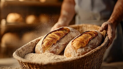 Artisan bakery scene with a basket of freshly baked baguettes, crusty texture and flour dust, close-up with inviting warmth