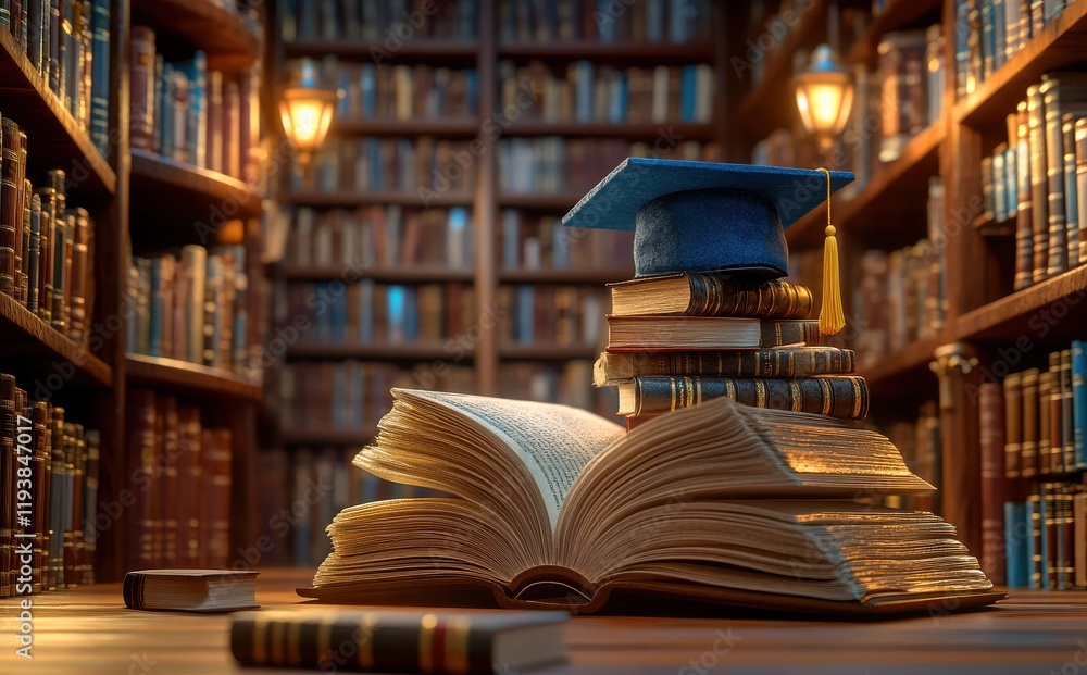 Poster a capstone moment: an open book surrounded by stacked texts and a graduation cap in a cozy and well-