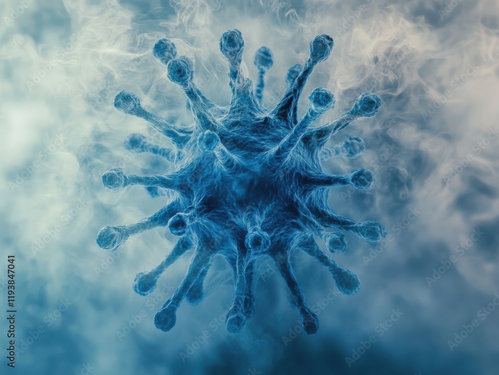 Poster 3d visualization of a virus cell with spikes and blue tint, representing infection and microbiology 