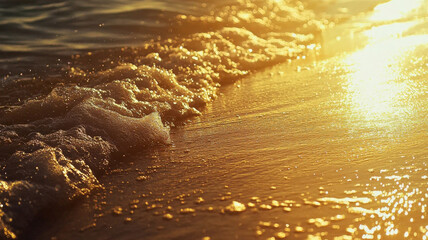 A serene beach scene with soft golden light, gentle waves, and a tranquil atmosphere, perfect for promoting vacation spots, spa retreats, or resort getaways on flyers and marketing materials