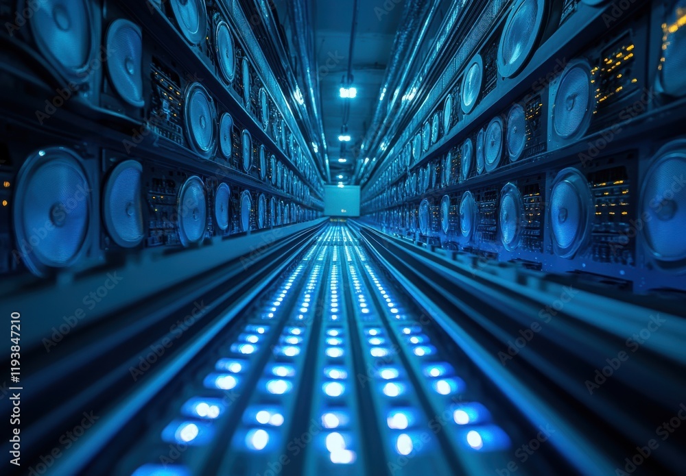 Poster a captivating view inside a high-tech data center with rows of servers glowing in blue light, symbol