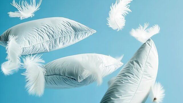 Pillows float turquoise background.Feathers drift cotton rectangles.Bed accessories spread soft motion.Sleep aids convey lightness and comfort.Dream,relax concepts displayed buoyant setting.