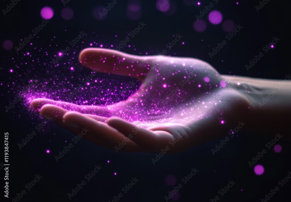 Poster a delicate hand releasing shimmering particles of light in a magical display of colorful sparkles ag