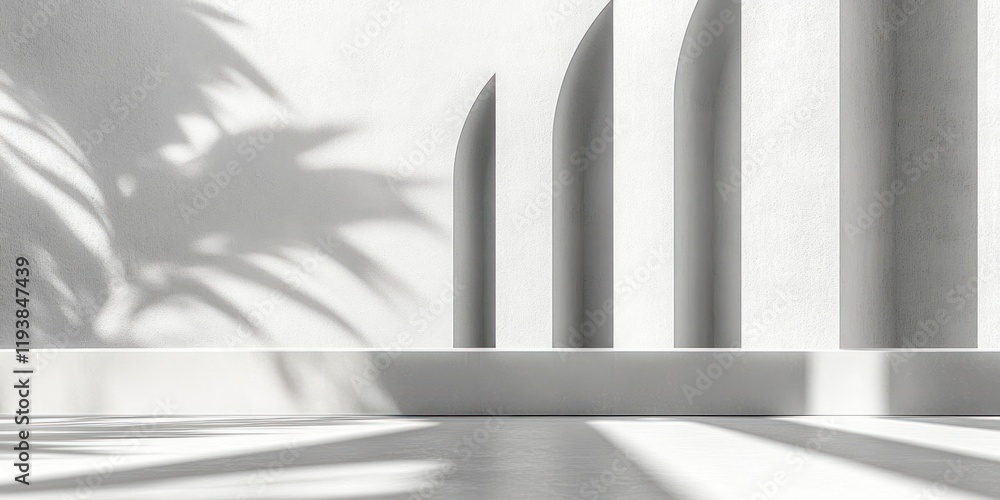 Poster minimalist product display podium with shadow leaves on white marble background 3d rendering