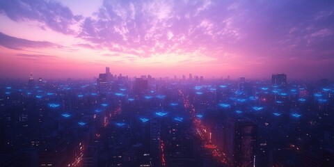 A Futuristic Cityscape at Dusk with Vibrant Colors and Neon Lights Filling the Sky Above an Urban Horizon in a Digital Landscape
