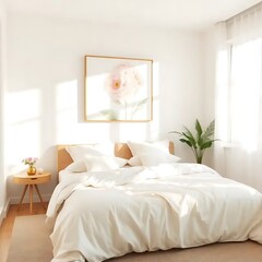 Sunlit Bedroom With White Bedding and Floral Art