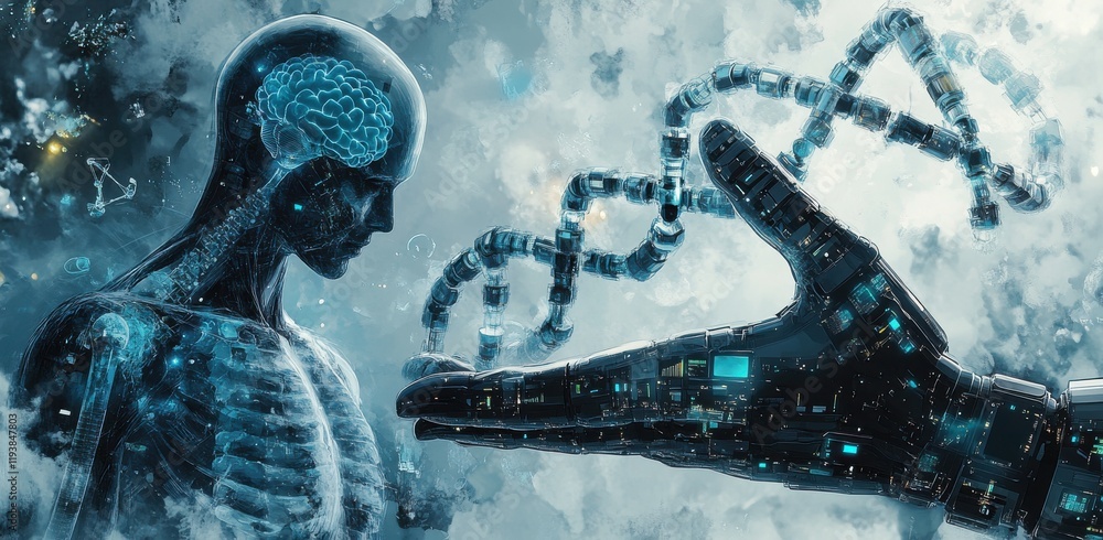 Poster a futuristic representation of human evolution merging with technology, showcasing a transparent ske