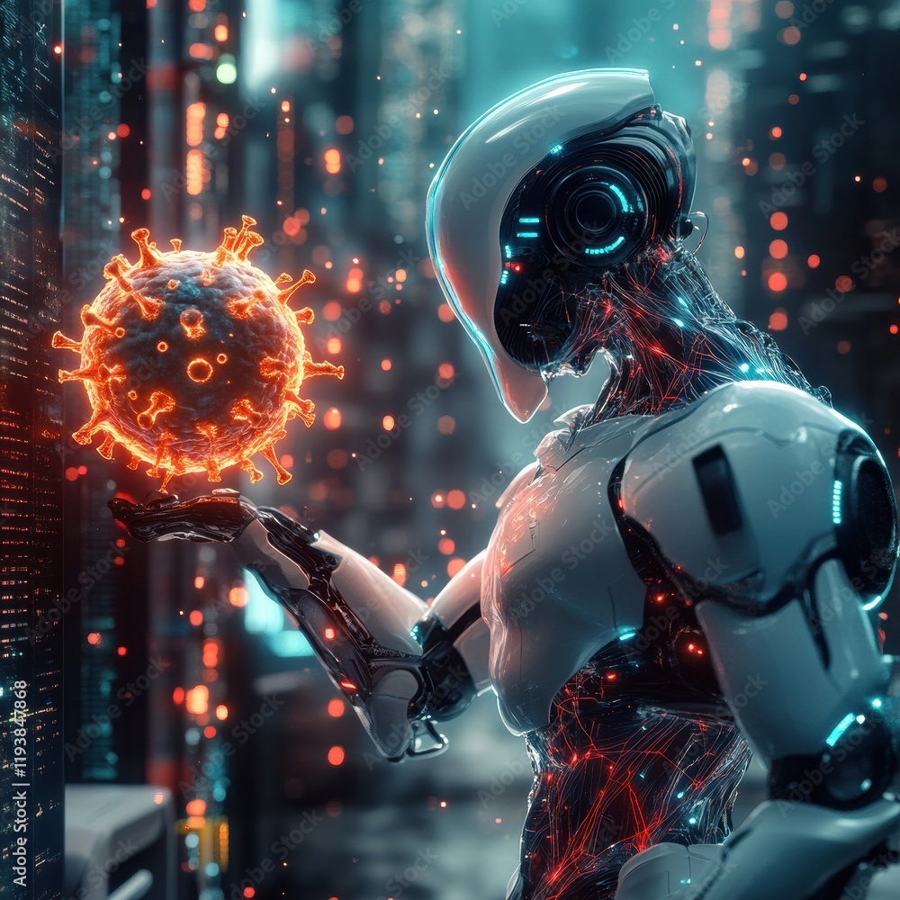 Poster Robots engage in innovative virus neutralization techniques in a futuristic urban environment. Generative AI