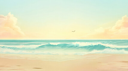 A serene beach scene with soft golden light, gentle waves, and a tranquil atmosphere, perfect for promoting vacation spots, spa retreats, or resort getaways on flyers and marketing materials