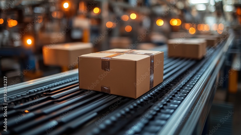 Poster cardboard package moving on conveyor belt in modern warehouse setting with blurred background and gl