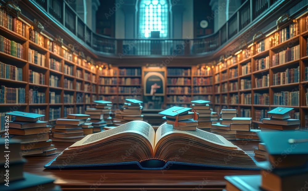 Poster a majestic library scene featuring an open book surrounded by stacks of books and academic caps, ill