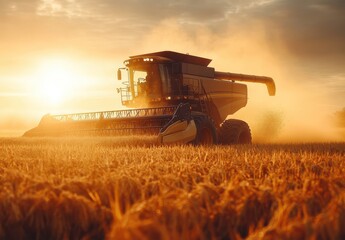 Fototapeta premium A Majestic Harvest Scene: A Combine Harvester at Work in a Golden Wheat Field Against a Beautiful Sunset Sky with Dust Clouds and Dramatic Lighting