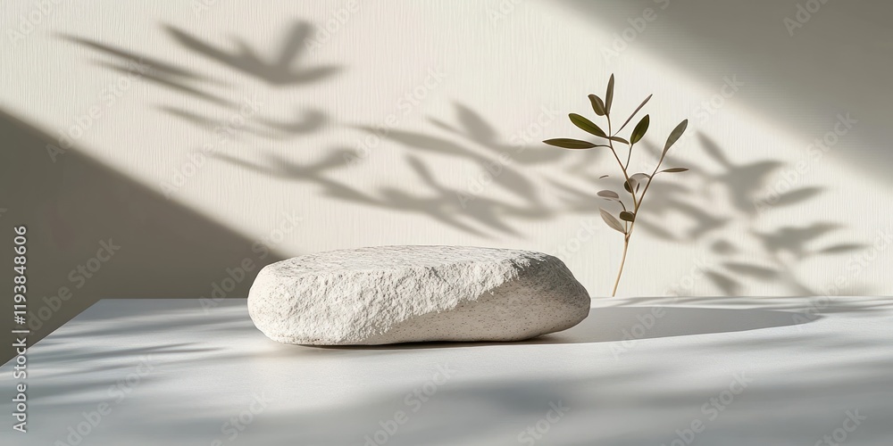 Poster minimalist stone display stand with soft grey tabletop and natural shadows