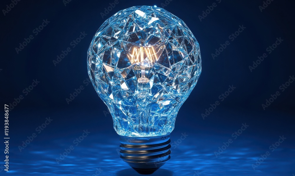 Poster a stunning close-up of a crystal-style light bulb with unique geometric shape illuminated in a dark 