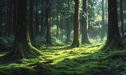 Obraz premium Soft green moss blankets the forest floor amidst towering trees, serene landscape, forest