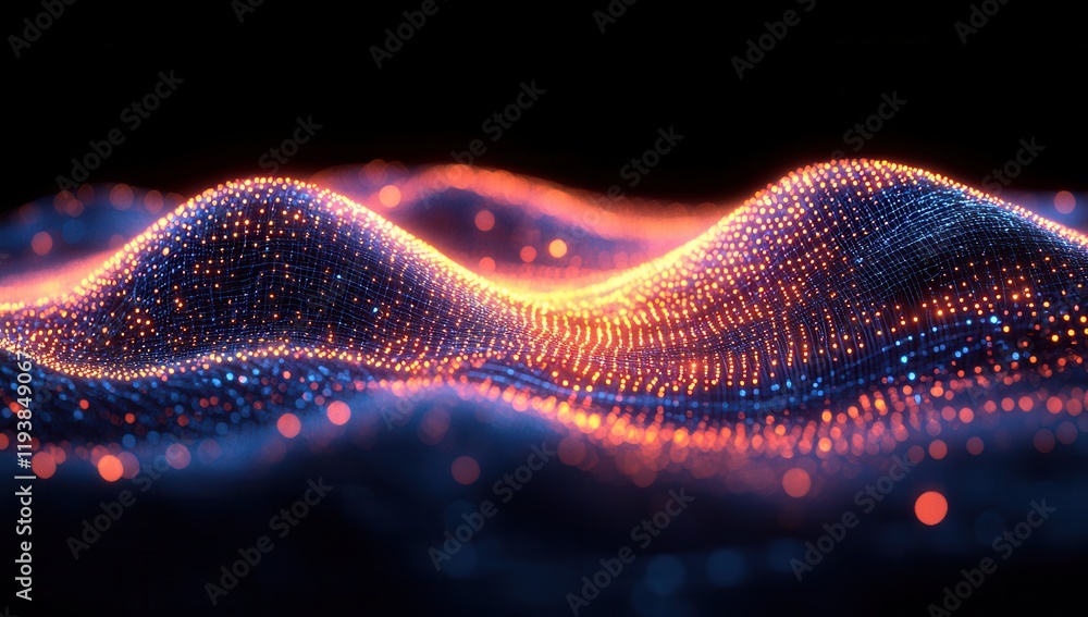 Poster abstract digital landscape with glowing particles in a wavy formation representing technology, data 